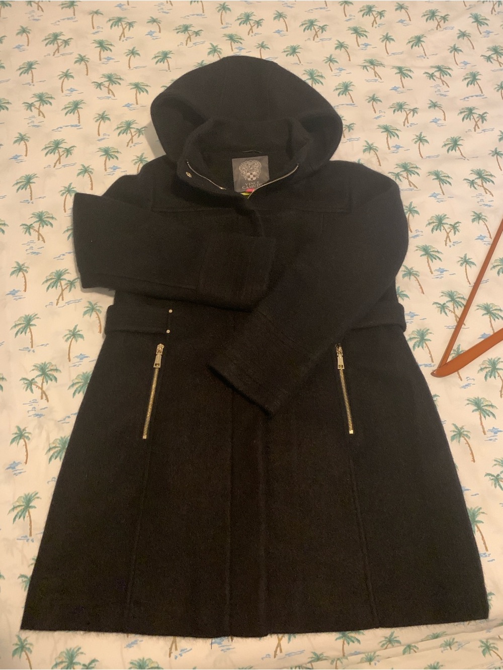Vince Camuto Black Hooded Wool-Blend Coat with Gold Zippers. NWOT